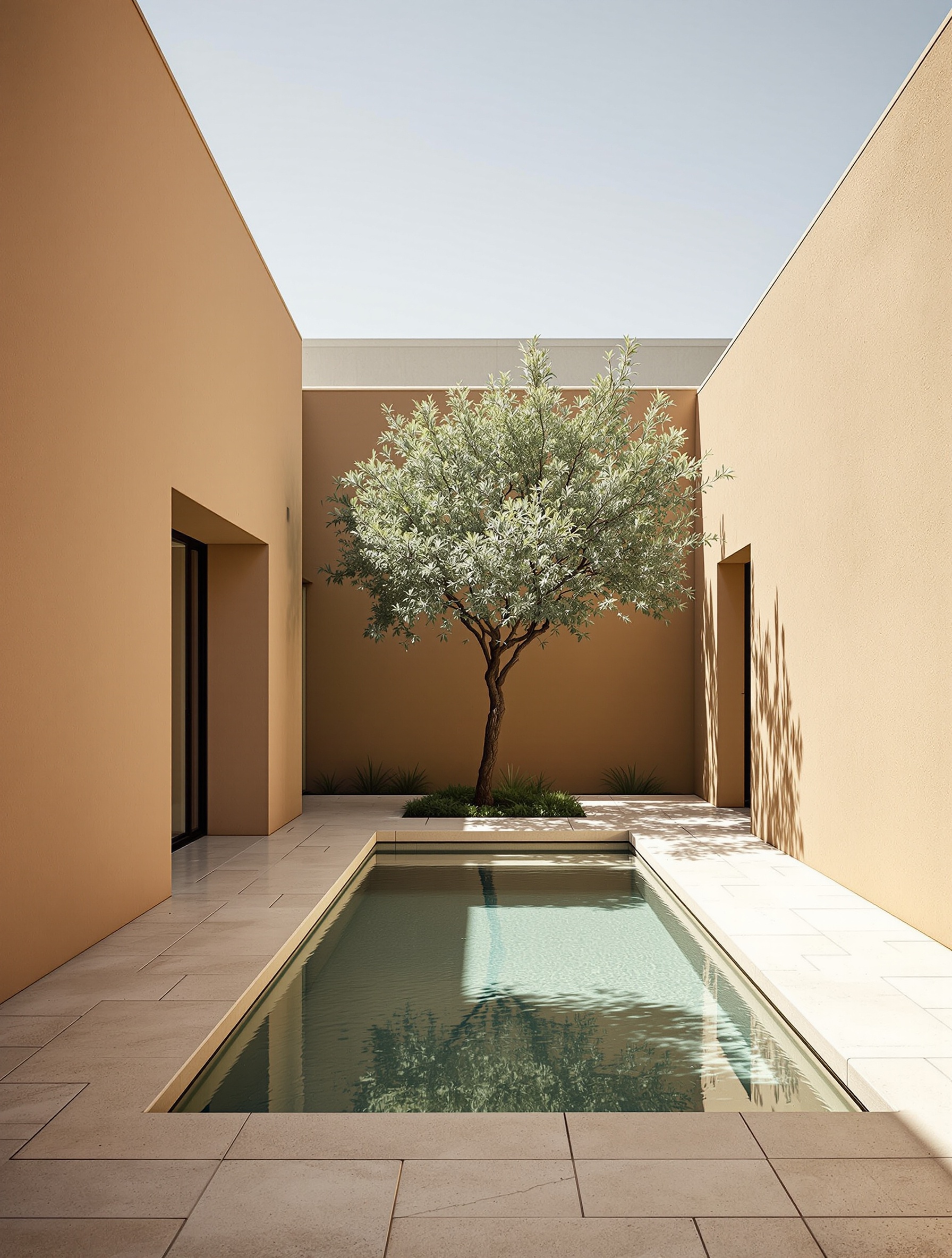 Courtyard house with reflecting pool and olive tree